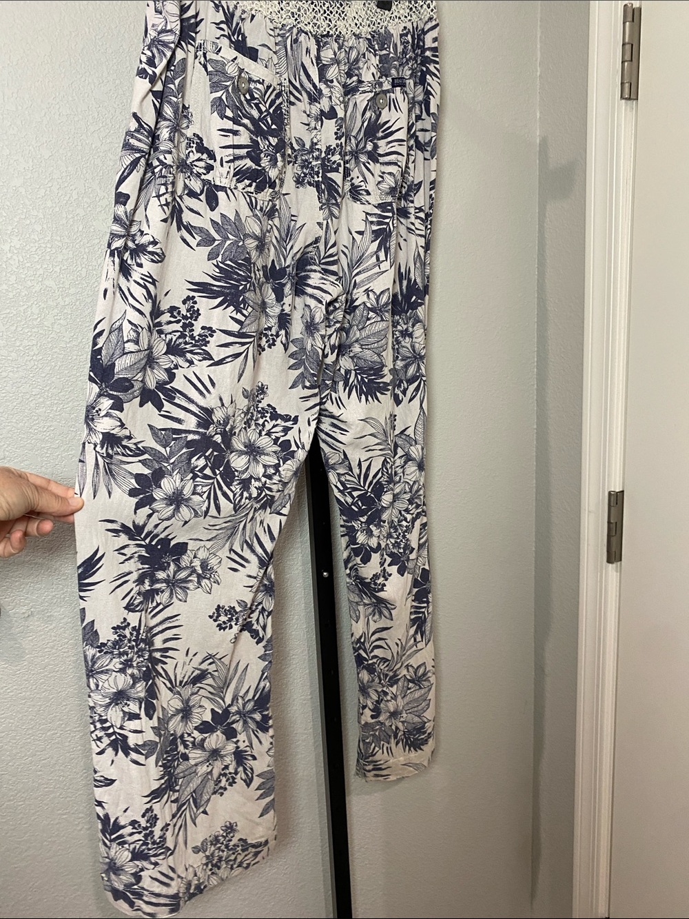 Linen and Rayon Navy Floral Beachy Smocked Waist Wide-Leg  pants - Picture 7 of 11